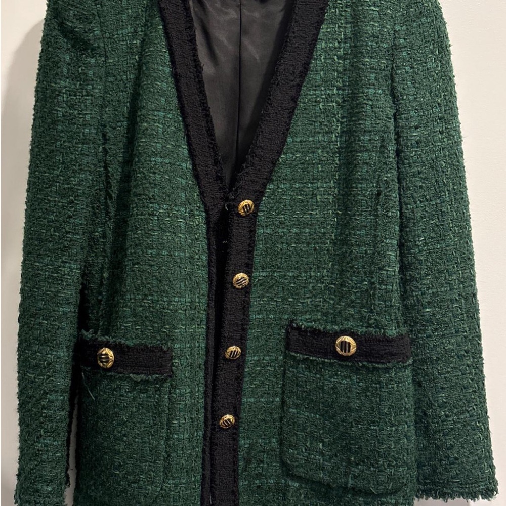 Zara Green and Black Tweed Blazer with Structured Design